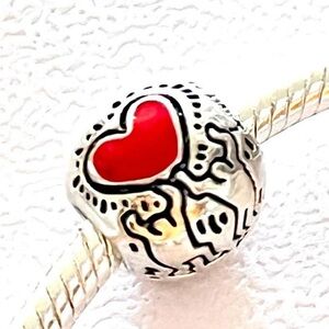 Keith Haring drawing Silver Charm with Red Heart .925